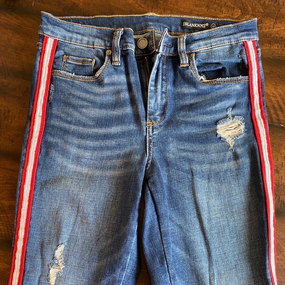 Blank NYC Denim - Blank NYC Distressed Denim Jeans with Red & White Strips on Sides